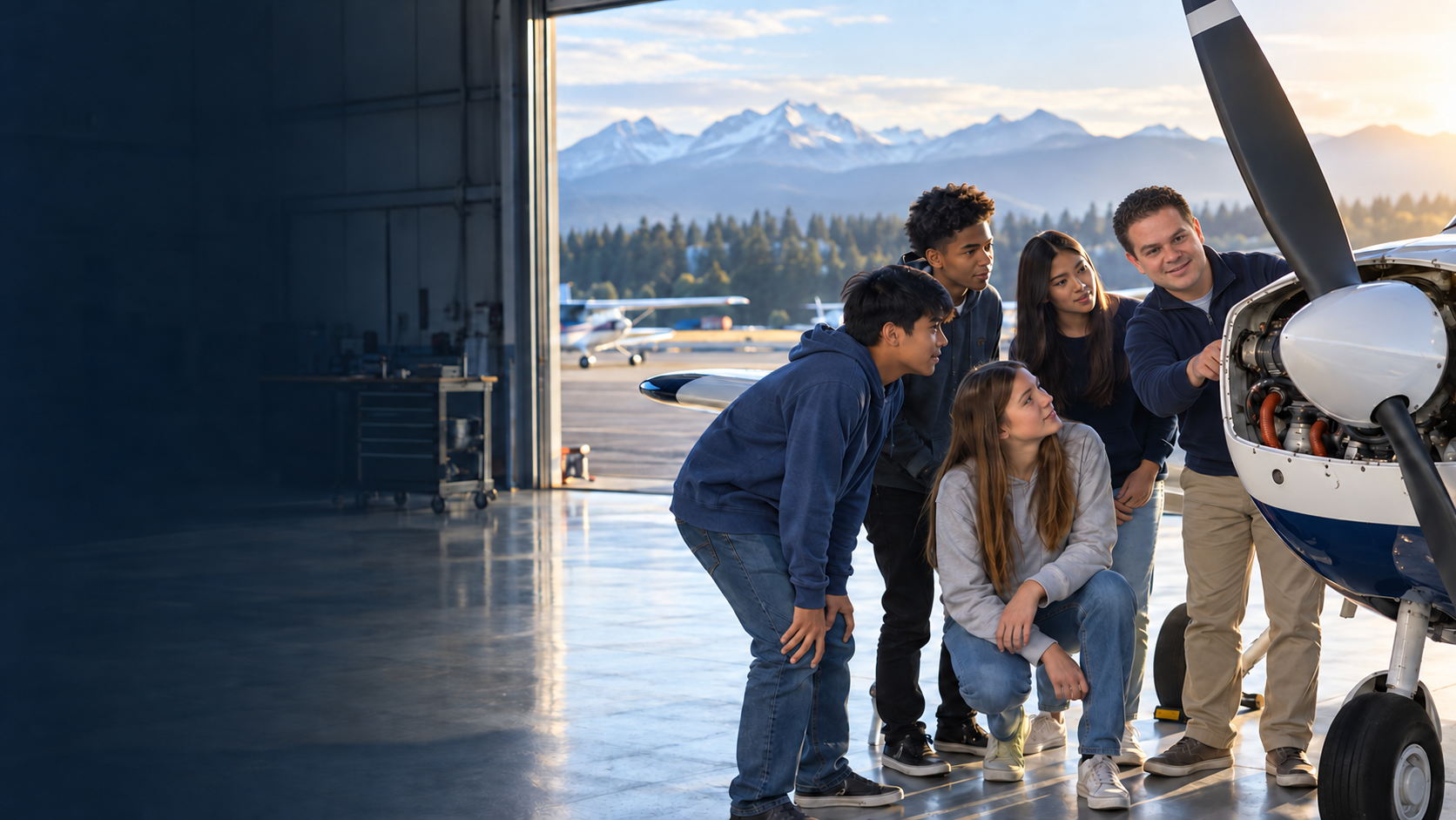 Fernando sharing his aviation knowledge with young students beside an aircraft